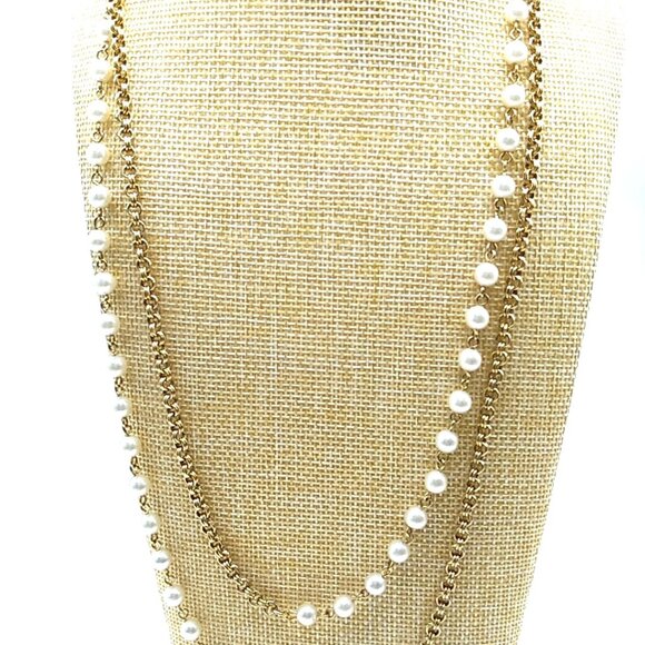 Long Gold-tone Chain and Faux Pearl Necklace - Picture 1 of 12